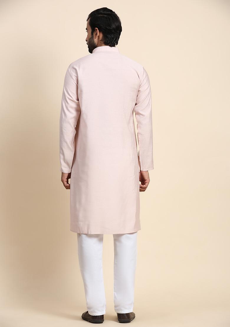 Light Pink Solid Viscose Rayon Kurta Pyjama Set For Men