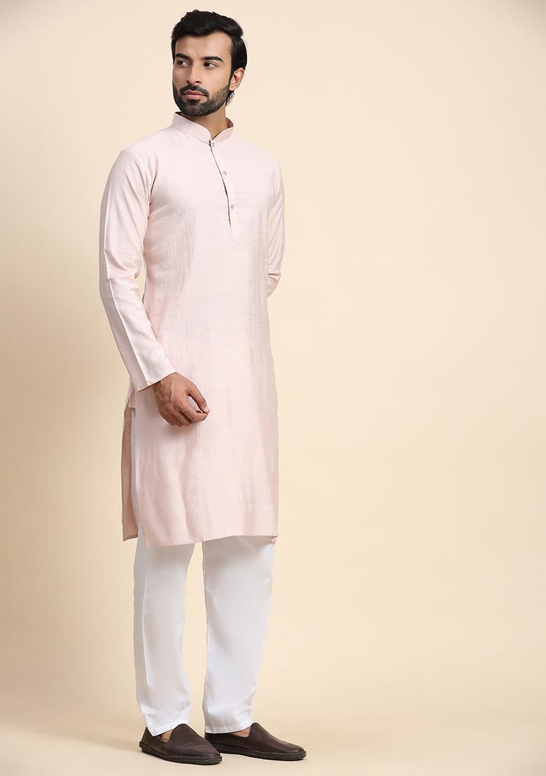 Light Pink Solid Viscose Rayon Kurta Pyjama Set For Men