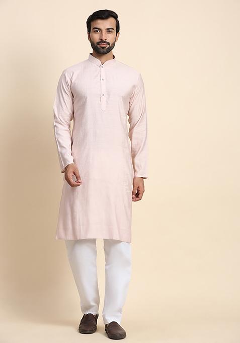 Light Pink Solid Viscose Rayon Kurta Pyjama Set For Men