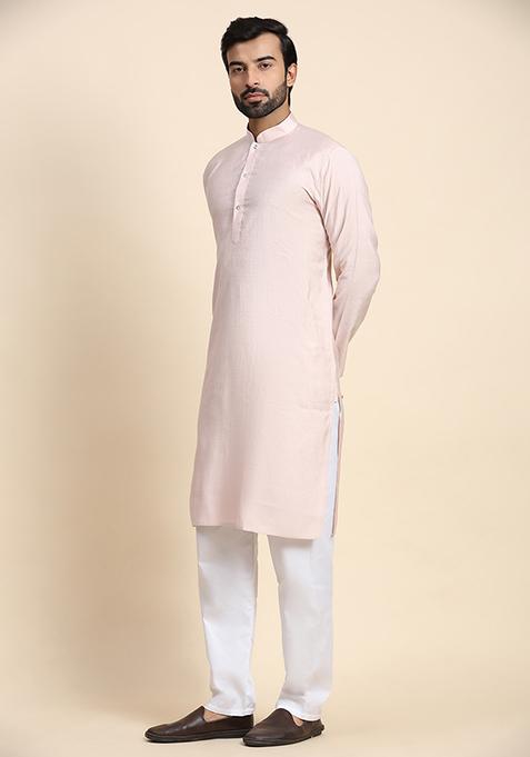 Light Pink Solid Viscose Rayon Kurta Pyjama Set For Men