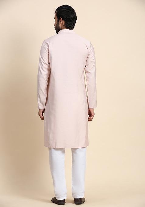 Light Pink Solid Viscose Rayon Kurta Pyjama Set For Men