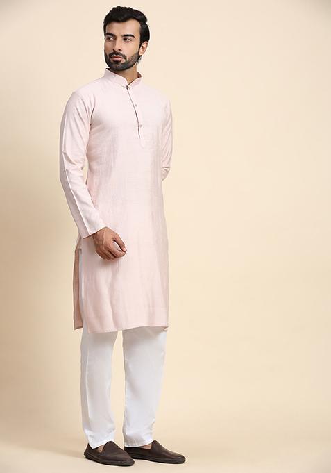 Light Pink Solid Viscose Rayon Kurta Pyjama Set For Men