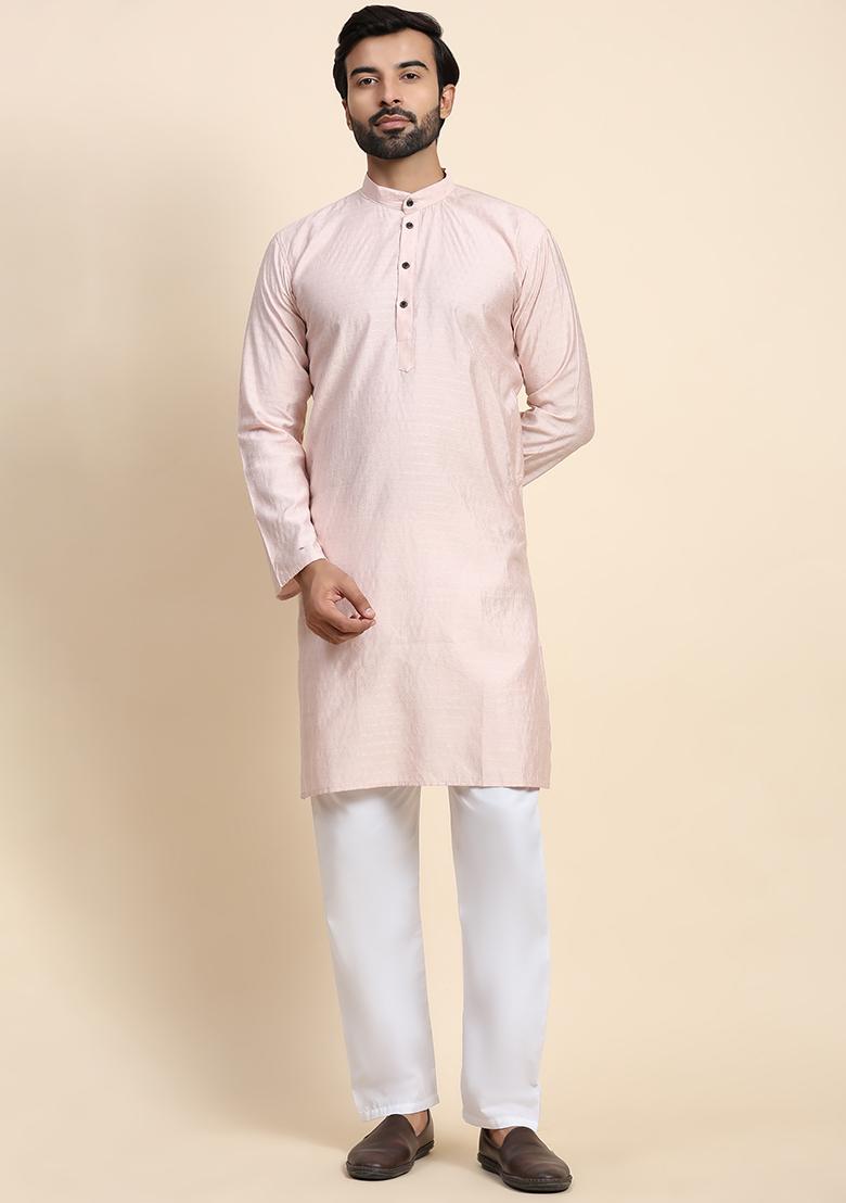 Pink Solid Viscose Rayon Kurta Pyjama Set For Men