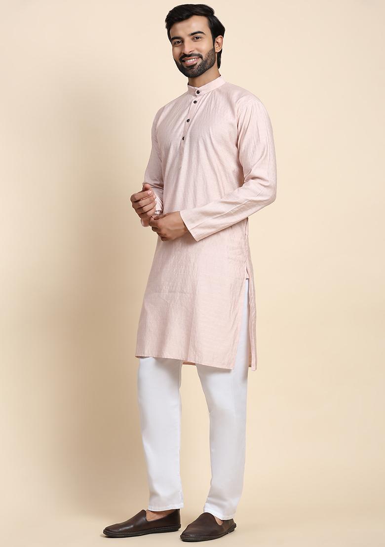 Pink Solid Viscose Rayon Kurta Pyjama Set For Men