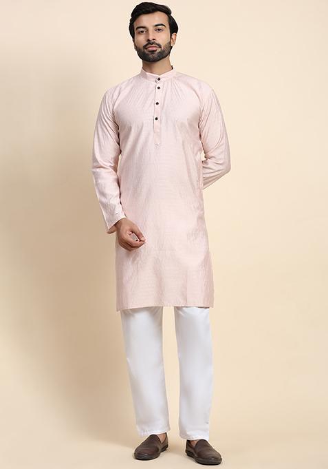 Pink Solid Viscose Rayon Kurta Pyjama Set For Men