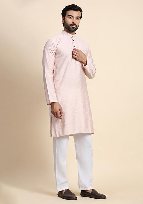Pink Solid Viscose Rayon Kurta Pyjama Set For Men
