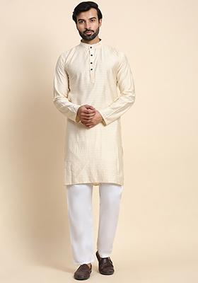 Cream Solid Viscose Rayon Kurta Pyjama Set For Men