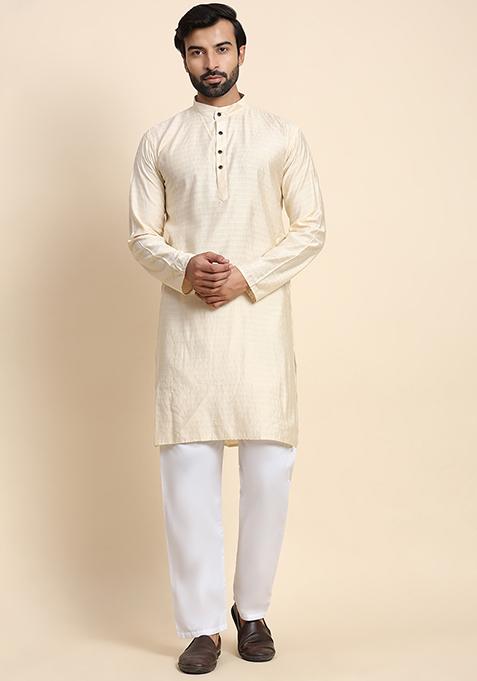 Cream Solid Viscose Rayon Kurta Pyjama Set For Men