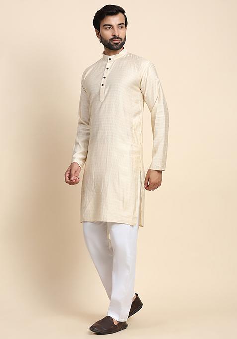 Cream Solid Viscose Rayon Kurta Pyjama Set For Men