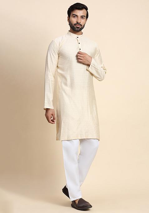 Cream Solid Viscose Rayon Kurta Pyjama Set For Men