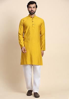 Mustard Yellow Solid Viscose Rayon Kurta Pyjama Set For Men