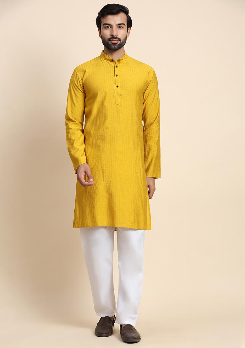 Mustard Yellow Solid Viscose Rayon Kurta Pyjama Set For Men