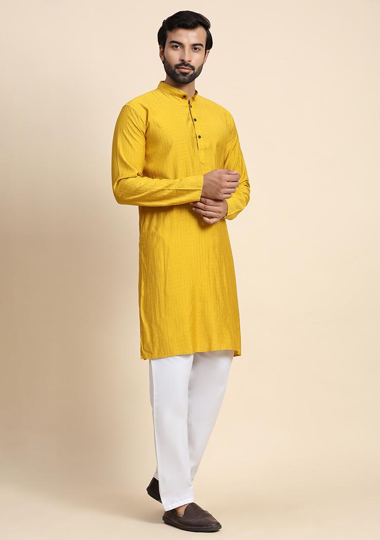 Mustard Yellow Solid Viscose Rayon Kurta Pyjama Set For Men