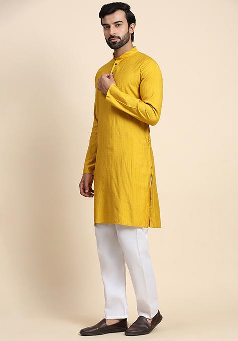 Mustard Yellow Solid Viscose Rayon Kurta Pyjama Set For Men