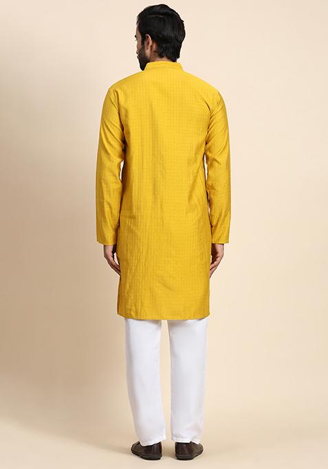 Mustard Yellow Solid Viscose Rayon Kurta Pyjama Set For Men