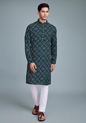 Green Foil Bandhej Print Rayon Kurta For Men