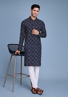 Navy Blue Foil Bandhej Print Rayon Kurta For Men