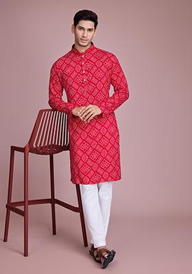 Rani Pink Foil Bandhej Print Rayon Kurta For Men