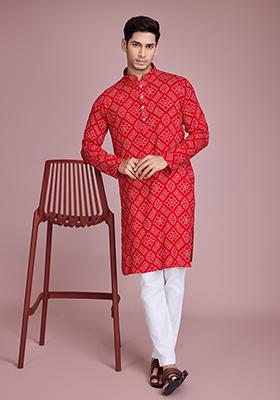 Red Foil Bandhej Print Rayon Kurta For Men