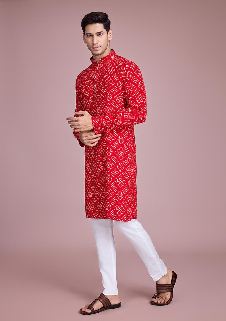Red Foil Bandhej Print Rayon Kurta For Men