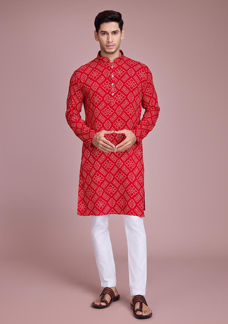 Red Foil Bandhej Print Rayon Kurta For Men