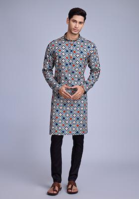 Sky Blue Foil Print Rayon Kurta For Men