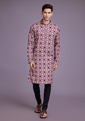Pink Foil Print Rayon Kurta For Men