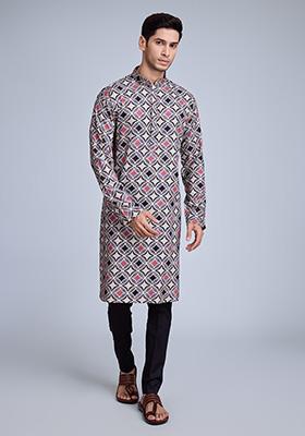 Grey Foil Print Rayon Kurta For Men