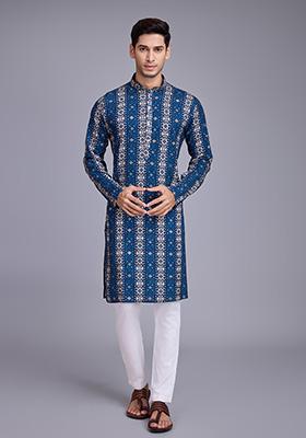Blue Foil Print Rayon Kurta For Men