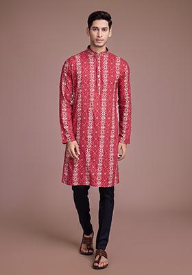 Maroon Foil Print Rayon Kurta For Men
