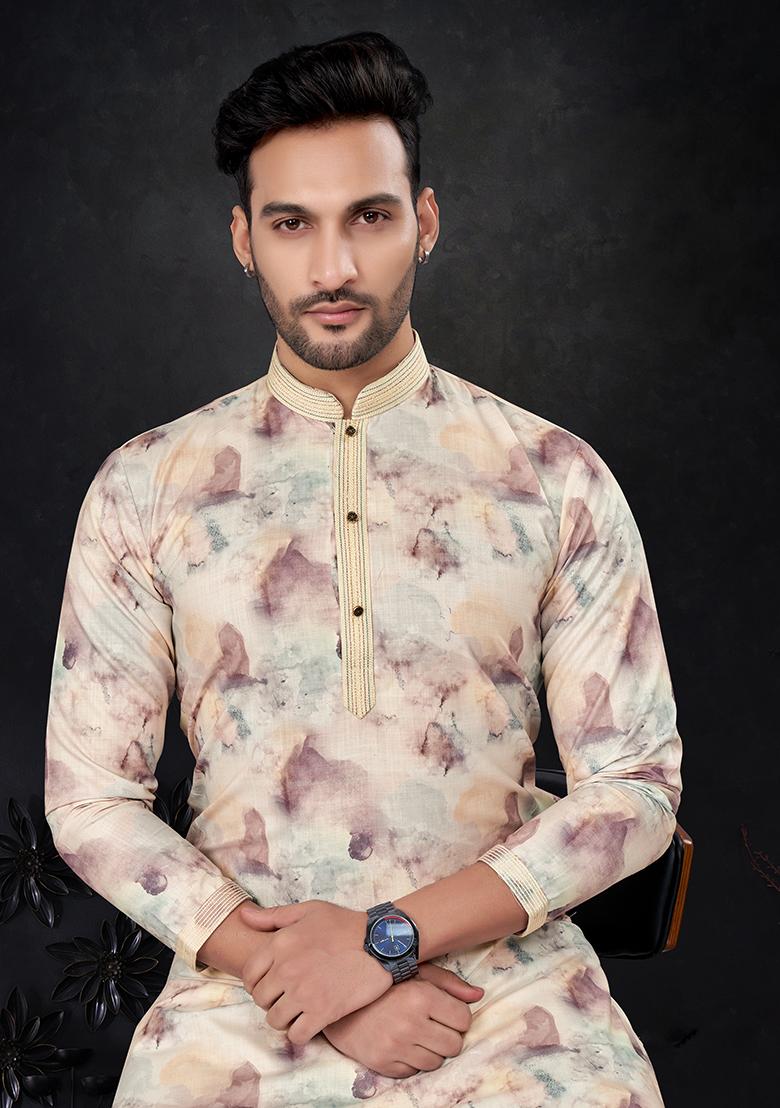 Yellow Printed Silk Kurta Pyjama Set For Men