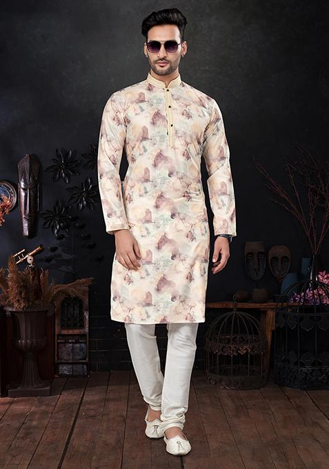 Yellow Printed Silk Kurta Pyjama Set For Men