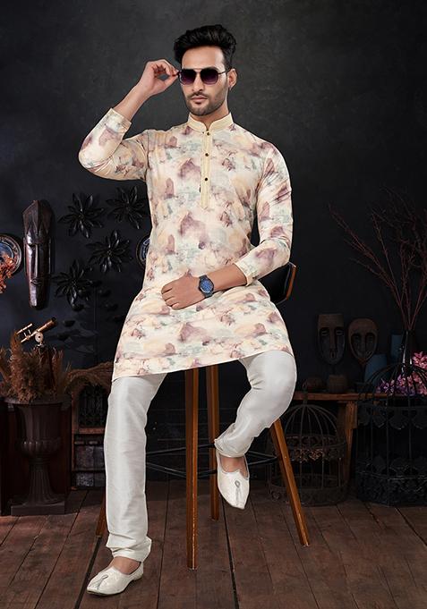 Yellow Printed Silk Kurta Pyjama Set For Men