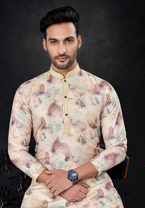 Yellow Printed Silk Kurta Pyjama Set For Men