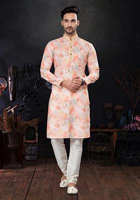 Pink Printed Silk Kurta Pyjama Set For Men