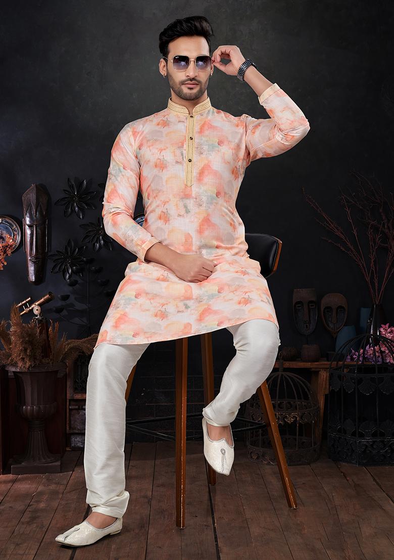 Pink Printed Silk Kurta Pyjama Set For Men