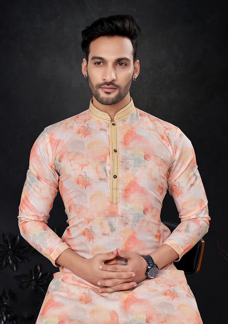 Pink Printed Silk Kurta Pyjama Set For Men