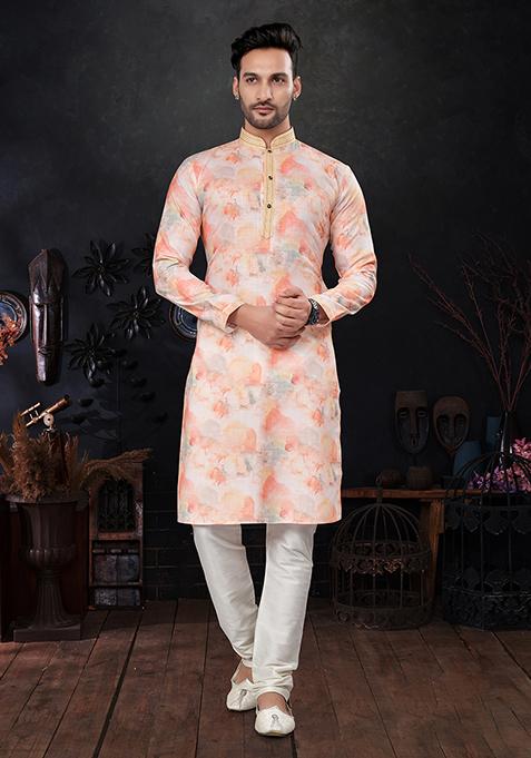 Pink Printed Silk Kurta Pyjama Set For Men