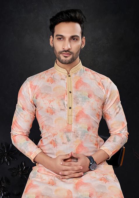 Pink Printed Silk Kurta Pyjama Set For Men