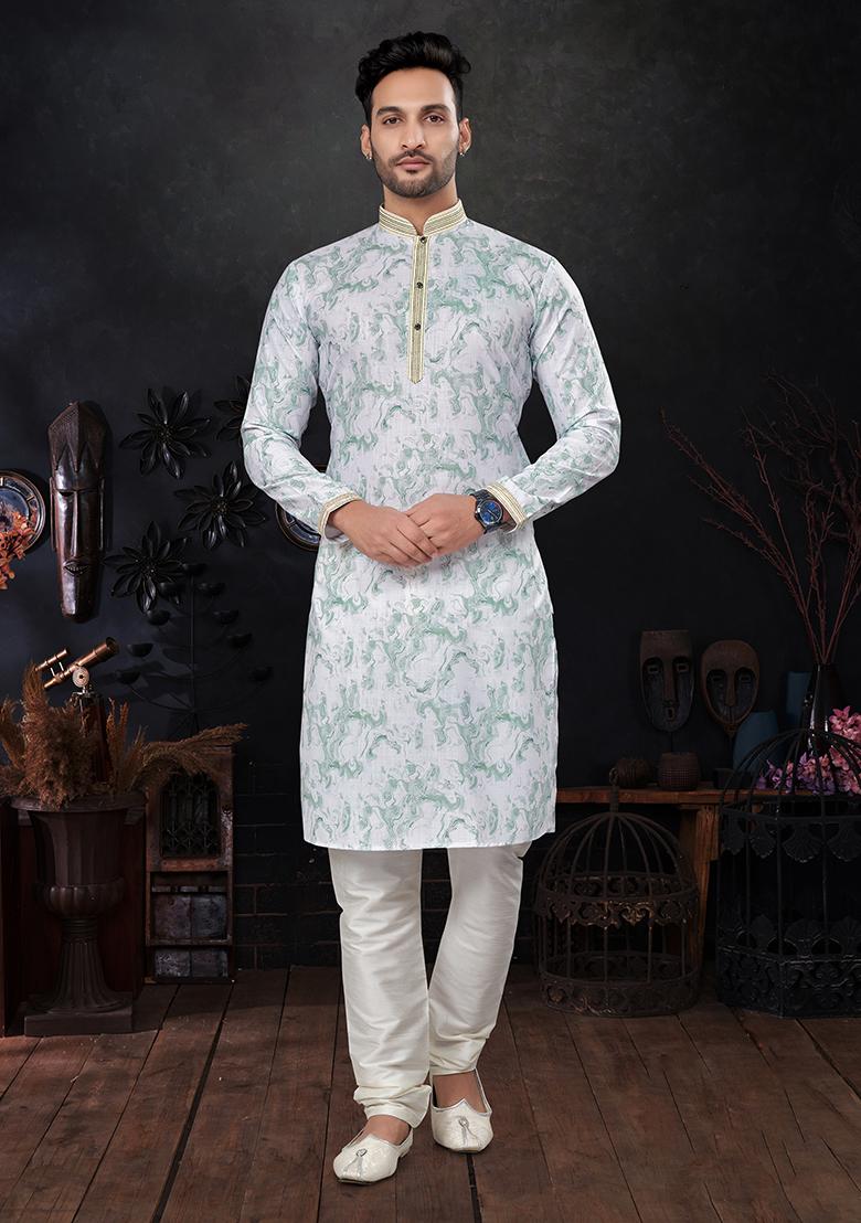 Blue Printed Silk Kurta Pyjama Set For Men