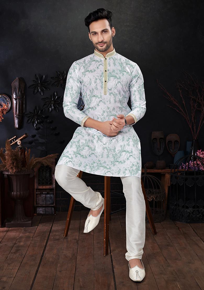 Blue Printed Silk Kurta Pyjama Set For Men