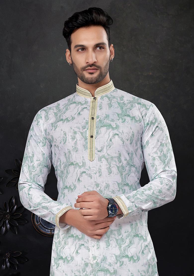 Blue Printed Silk Kurta Pyjama Set For Men