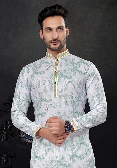 Blue Printed Silk Kurta Pyjama Set For Men