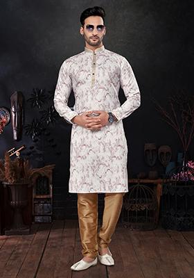 Purple Printed Silk Kurta Pyjama Set For Men