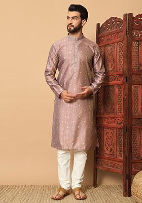 Purple Embroidered Silk Kurta Pyjama Set For Men