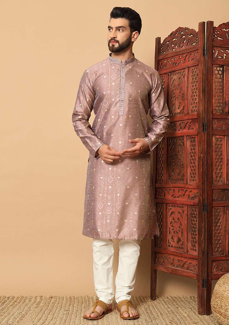 Purple Embroidered Silk Kurta Pyjama Set For Men - Indya