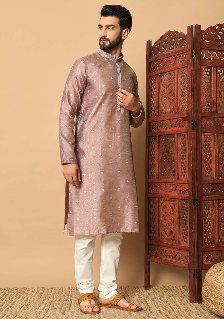 Purple Embroidered Silk Kurta Pyjama Set For Men - Indya