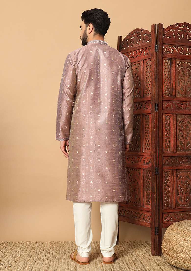Purple Embroidered Silk Kurta Pyjama Set For Men - Indya