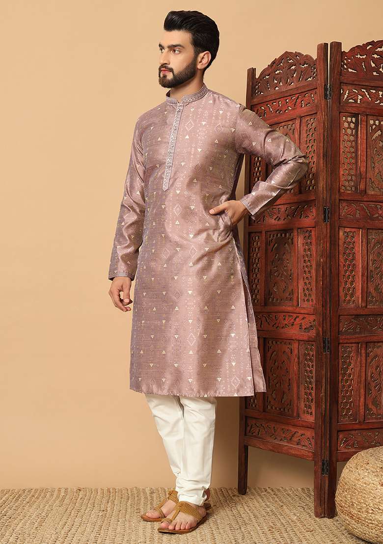 Purple Embroidered Silk Kurta Pyjama Set For Men - Indya