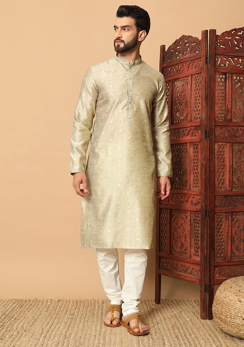 Golden Embroidered Silk Kurta Pyjama Set For Men